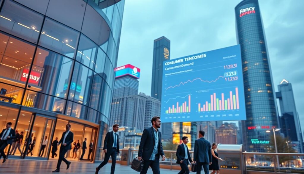 A bustling city skyline in the background, with towering skyscrapers and a vibrant, neon-lit cityscape. In the foreground, a modern, glass-fronted office building, its entrance bustling with activity as smartly dressed business professionals hurry in and out. In the middle ground, a large, curved display screen projects analytics and data visualizations, illustrating the flow of consumer demand and the business's agile response. Soft, diffused lighting casts a warm, productive glow over the scene, conveying a sense of efficiency, innovation, and a focused, strategic approach to meeting the evolving needs of the consumer market.