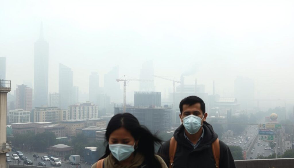 A bustling cityscape shrouded in a hazy veil, with towering skyscrapers and busy streets. In the foreground, a family walks through the smog, faces obscured by surgical masks. Their expressions convey a sense of unease and concern. The middle ground reveals a construction site, billowing smoke and particulates drifting across the scene. In the background, a looming industrial complex, belching thick plumes of polluted air. The overall atmosphere is one of unease and environmental degradation, highlighting the urgent need to address the health impacts of poor air quality.