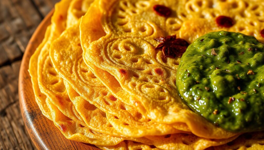 A close-up photograph of a stack of delicate, golden-brown moong dal crepes, arranged on a rustic wooden surface. The crepes are glistening with a light sheen, their thin, lacy texture visible. A vibrant green chutney, flecked with aromatic spices, is artfully placed alongside, inviting the viewer to savor the contrasting flavors. Soft, natural lighting casts warm, diffused shadows, highlighting the crepes' intricate pattern and the rich, earthy tones of the ingredients. The overall composition conveys a sense of simplicity, authenticity, and the comforting aroma of a traditional Indian breakfast.