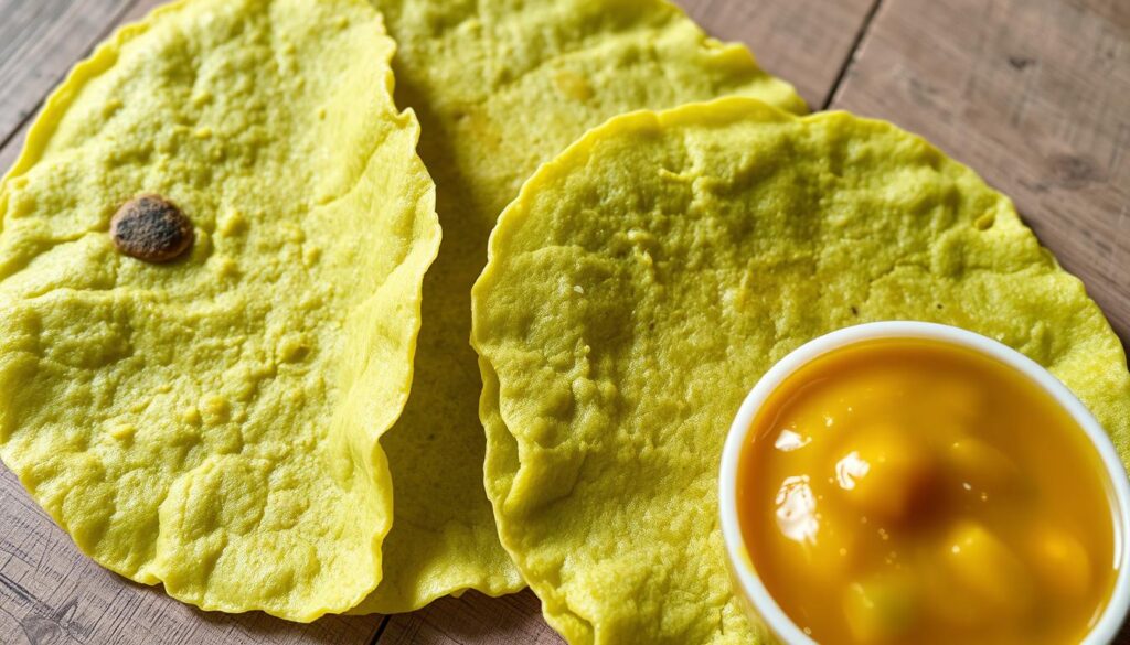 A close-up view of freshly made moong dal crepes, or pesarattu, on a rustic wooden surface. The crepes have a vibrant green hue, with a delicate and evenly distributed texture. Soft natural lighting illuminates the crepes from above, casting gentle shadows that highlight their delicate folds and curves. In the foreground, a small bowl of ginger chutney sits alongside the crepes, offering a complementary taste and aroma. The overall scene conveys a sense of homemade simplicity and authentic Indian cuisine.