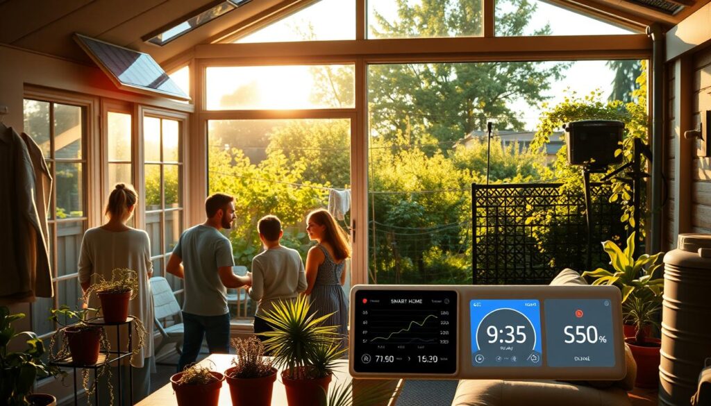 A cozy, sun-drenched living room with large windows overlooking a lush, verdant backyard. In the foreground, a family gathers around an energy-efficient appliance, discussing water conservation measures. Solar panels glint on the roof, casting warm, golden light. Potted succulents and trailing vines adorn the windowsills, creating a serene, nature-inspired ambiance. In the middle ground, a smart home control panel displays real-time energy and water usage data, encouraging mindful consumption. The background features a thriving vegetable garden, a rain barrel collecting runoff, and a clothesline swaying gently in the breeze, all symbols of a harmonious, eco-conscious lifestyle.