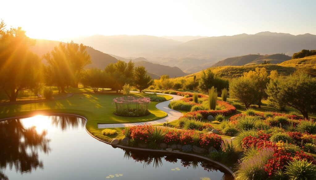 A lush, verdant landscape bathed in warm, golden sunlight. In the foreground, a tranquil pond reflects the surrounding trees and sky, inviting a sense of serenity. Meandering pathways wind through the middle ground, flanked by flourishing gardens bursting with vibrant flowers and native plants. In the distance, rolling hills and towering mountains create a picturesque backdrop, symbolizing the harmony between nature and human existence. The atmosphere exudes a palpable sense of environmental wellness, where the balance between natural elements and human stewardship is celebrated. Lens: wide-angle, Lighting: natural, Angle: slightly elevated.