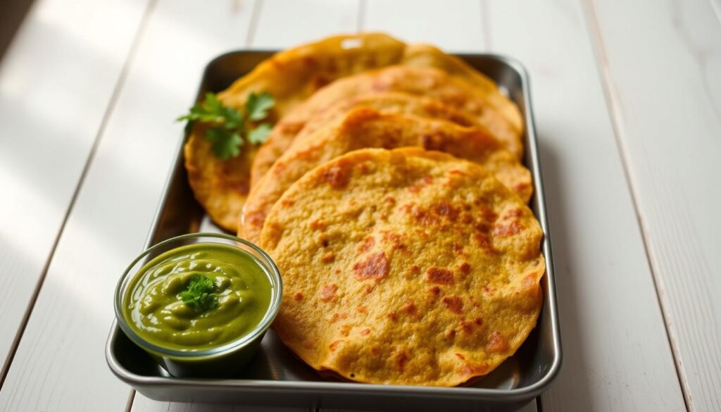 A neatly arranged tray with freshly made moong dal (green gram) crepes, accompanied by a vibrant green ginger chutney in a small bowl, garnished with a sprig of coriander. The crepes are glistening with a golden-brown hue, invitingly presented on a wooden surface with a simple white backdrop, illuminated by soft, natural lighting from the side. The overall scene exudes a sense of simplicity, warmth, and the authentic flavors of traditional Indian cuisine.