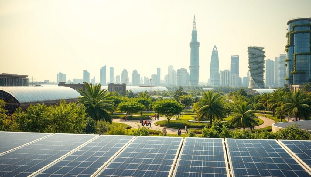 A serene, futuristic landscape showcasing the harmony of sustainable technology. In the foreground, sleek, minimalist solar panels capture the sun's rays, powering a network of intelligent, energy-efficient buildings. The middle ground features a verdant, well-manicured urban park, with people strolling amidst lush greenery and clean, renewable-powered transportation. In the background, a skyline of towering, glass-and-steel structures adorned with cascading greenery, hinting at the integration of nature and modern engineering. The lighting is soft, diffused, and warm, creating a sense of tranquility and balance. The camera angle is slightly elevated, allowing for a panoramic view of this sustainable, technologically-advanced metropolis.