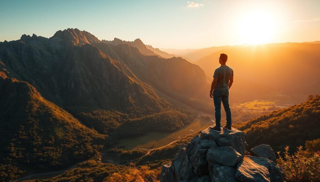 A serene landscape with a rugged, mountainous backdrop illuminated by warm, golden sunlight. In the foreground, a person standing atop a rocky outcrop, gazing thoughtfully at the lush, verdant valley below, symbolizing the challenges of sustainability. The person's posture radiates a sense of determination and resilience, conveying the idea of overcoming obstacles. The overall composition evokes a sense of tranquility, balance, and the harmony between human and nature.
