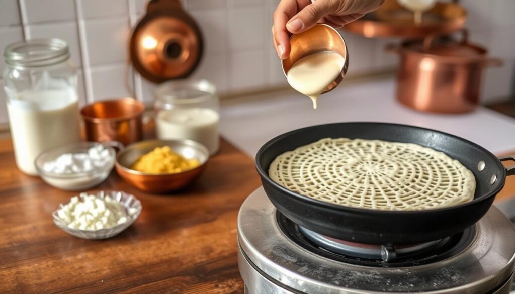 A step-by-step guide to preparing traditional appam, a soft, lacy pancake from South India. In the foreground, a wooden surface displays the ingredients - rice flour, coconut milk, yeast, and a copper pouring bowl. In the middle ground, a skilled hand ladles a thin batter onto a heated appam pan, creating a delicate, webbed pattern. The background features a tiled kitchen counter and a hanging copper pot, conveying a warm, rustic atmosphere. The lighting is soft and natural, highlighting the intricate texture of the appam as it cooks to golden perfection. The overall scene evokes the comforting ritual of preparing this beloved regional delicacy.