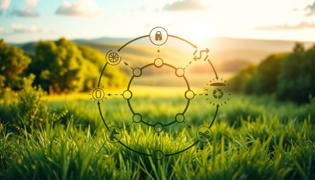 A vibrant and harmonious circular economy with interconnected elements. In the foreground, a central circle represents the continuous flow of resources, with icons symbolizing reduction, reuse, and recycling. The middle ground features interlocking gears, cogs, and geometric shapes, illustrating the systemic nature of the circular model. In the background, a serene landscape with lush greenery and a clear sky, conveying the environmental sustainability and harmony of this framework. Soft, warm lighting casts a natural glow, creating a sense of balance and optimism. Captured with a wide-angle lens to provide a comprehensive, panoramic view of the principles of the circular economy.