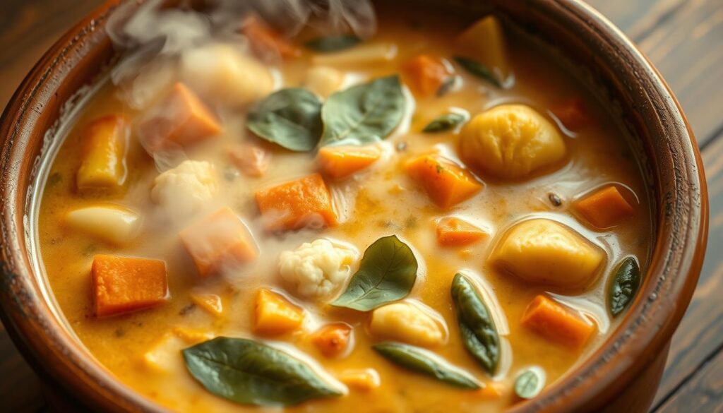 Detailed close-up shot of a fragrant Kerala-style vegetable stew, simmering in a large clay pot on a wooden table. The stew features an array of vibrant vegetables - carrots, potatoes, cauliflower, and green beans - in a thick, creamy coconut milk-based broth, gently spiced with aromatic curry leaves, mustard seeds, and a hint of turmeric. Soft, pillowy clouds of steam rise from the surface, creating a cozy, inviting atmosphere. The scene is lit by warm, natural lighting, casting a golden glow across the ingredients. The overall mood is one of rustic, homemade comfort and nourishment.