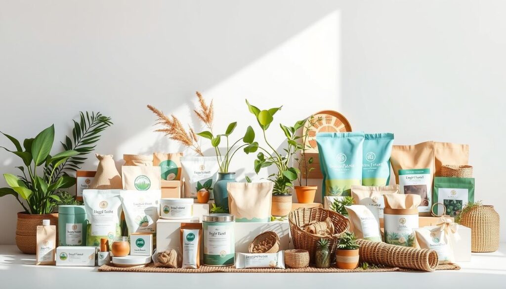 Prompt A vibrant, minimalist product display showcasing a diverse array of sustainable consumer brands. In the foreground, an assortment of eco-friendly packaging, textiles, and household goods positioned artfully against a clean, white backdrop. The middle ground features a tasteful arrangement of potted plants and natural materials, suggesting an organic, nature-inspired aesthetic. The background is illuminated by soft, natural lighting that highlights the products' ethical credentials and environmental consciousness. The overall composition conveys a sense of harmony, responsibility, and a commitment to sustainable living.