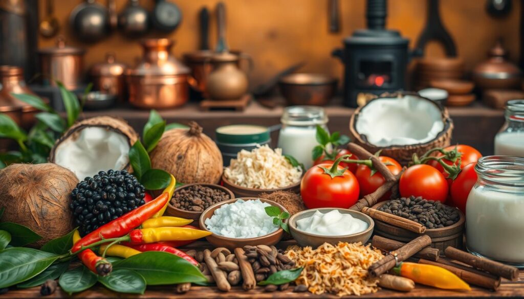 Vibrant assortment of authentic Kerala cuisine essentials set against a warm, rustic backdrop. In the foreground, an array of freshly harvested produce - tender coconuts, vibrant chilies, fragrant curry leaves, and plump tomatoes. Complementing them, a medley of aromatic spices - black peppercorns, cardamom pods, cinnamon sticks, and whole cloves. In the middle ground, a selection of pantry staples - roasted coconut shreds, tamarind paste, and creamy coconut milk. The background features a traditional Kerala kitchen setting, with copper utensils, earthenware pots, and a distant glimpse of a flickering wood-fired stove. Warm, diffused lighting casts a comforting glow, evoking the rich, flavorful essence of authentic Kerala cuisine.
