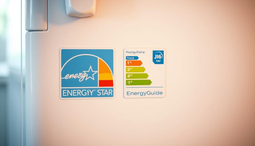 A brightly lit, photorealistic close-up view of an ENERGY STAR and EnergyGuide label affixed to the front panel of an energy-efficient household appliance, such as a refrigerator or washing machine. The labels should be the central focus, occupying the majority of the frame, with a slight blur in the background to emphasize their importance. The lighting should be natural and direct, creating defined shadows and highlights that convey the tactile quality of the labels. The overall composition should be clean, symmetrical, and designed to showcase the key details of the ENERGY STAR and EnergyGuide certifications in a clear, informative manner.