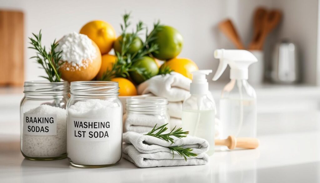 A clean, well-lit kitchen counter displays an array of natural cleaning ingredients. In the foreground, glass jars filled with baking soda, coarse salt, and washing soda stand prominently. Behind them, lemons, limes, and sprigs of fresh rosemary and eucalyptus create a vibrant, earthy arrangement. The middle ground features a selection of reusable cleaning cloths, a scrub brush, and a small spray bottle filled with a natural cleaning solution. The background is softly blurred, emphasizing the focus on the essential natural elements. The overall mood is one of simplicity, purity, and a commitment to a healthier, more sustainable cleaning routine.