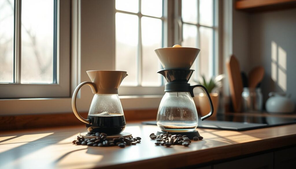 A cozy kitchen counter, bathed in warm, natural light streaming through large windows. On the counter, a sleek, minimalist manual coffee brewing setup - a ceramic pour-over dripper, a gooseneck kettle, and a glass carafe. Fresh whole coffee beans are arranged neatly nearby, their rich aroma filling the air. The process is unhurried, allowing the user to mindfully control the water temperature and flow rate, extracting the perfect cup of sustainably-sourced, ethically-grown coffee. The scene evokes a sense of calm, eco-conscious living, where simplicity and quality take precedence over waste and convenience.