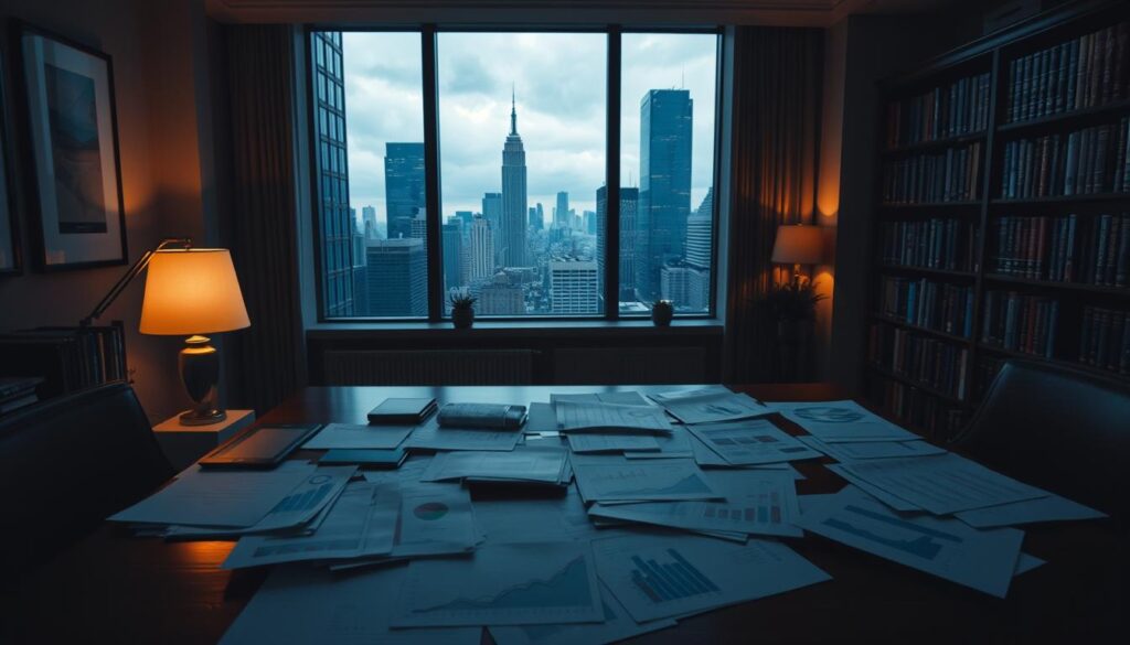 A dimly lit office interior, with a large wooden desk in the foreground. On the desk, an array of charts, graphs, and financial documents spill across the surface, illuminated by the soft glow of a desk lamp. In the middle ground, a window looks out onto a bustling city skyline, its skyscrapers silhouetted against a moody, overcast sky. In the background, a bookshelf lines the wall, filled with volumes on economics, finance, and business. The atmosphere is one of contemplation and analysis, as the viewer is drawn into the world of economic indicators and their broader implications.