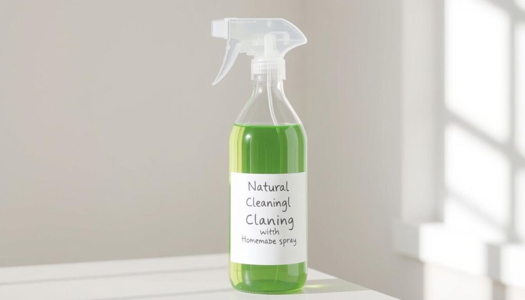 A glass spray bottle filled with a clear green-tinted natural cleaning solution, set against a bright, minimalist background. The bottle has a simple white label with handwritten text describing the contents. Soft, diffused natural lighting illuminates the scene, creating a clean, fresh, and inviting atmosphere. The composition emphasizes the bottle's form and the vibrant color of the liquid, showcasing the simplicity and effectiveness of this homemade cleaning product. The overall aesthetic evokes a sense of DIY authenticity and eco-friendly sensibility, in keeping with the article's theme of natural, toxic-free home cleaning.