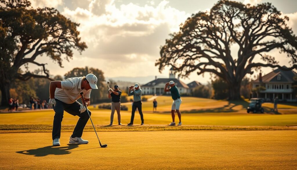 A group of professional golfers competing on a lush, sprawling golf course. In the foreground, two players locked in an intense putting battle, their faces determined as they line up their shots. In the middle ground, other golfers tee off, their swings captured in dynamic motion. The background reveals the grandeur of the course, with towering oak trees lining the fairways and a picturesque clubhouse in the distance. Warm, golden sunlight filters through wispy clouds, casting a serene, championship-caliber atmosphere. The scene is shot with a shallow depth of field, drawing the viewer's eye to the fiercely competitive action unfolding on the green.