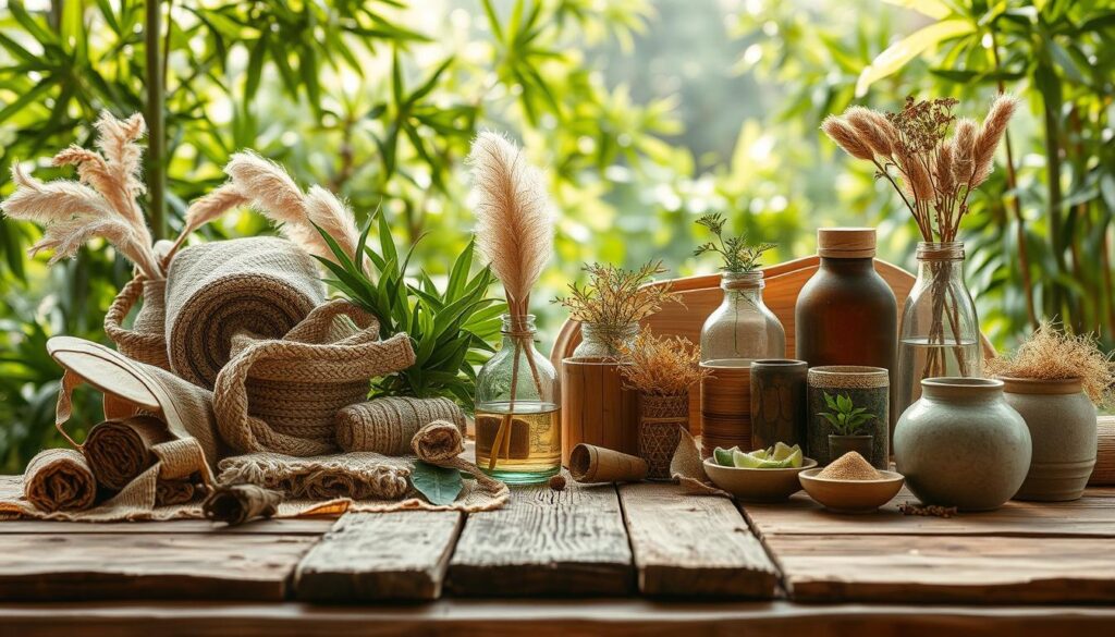 A meticulously crafted still life arrangement showcasing a diverse array of sustainable materials in a warm, natural setting. In the foreground, a tactile collection of organic textiles, renewable bamboo, and upcycled glass and ceramics. Reclaimed wood planks form the middle ground, while the background features a lush, verdant foliage backdrop, bathed in soft, diffused natural lighting evocative of an eco-conscious, serene living space. Crisp, high-resolution details highlight the intricate textures and earthy tones of these environmentally-conscious home decor elements.