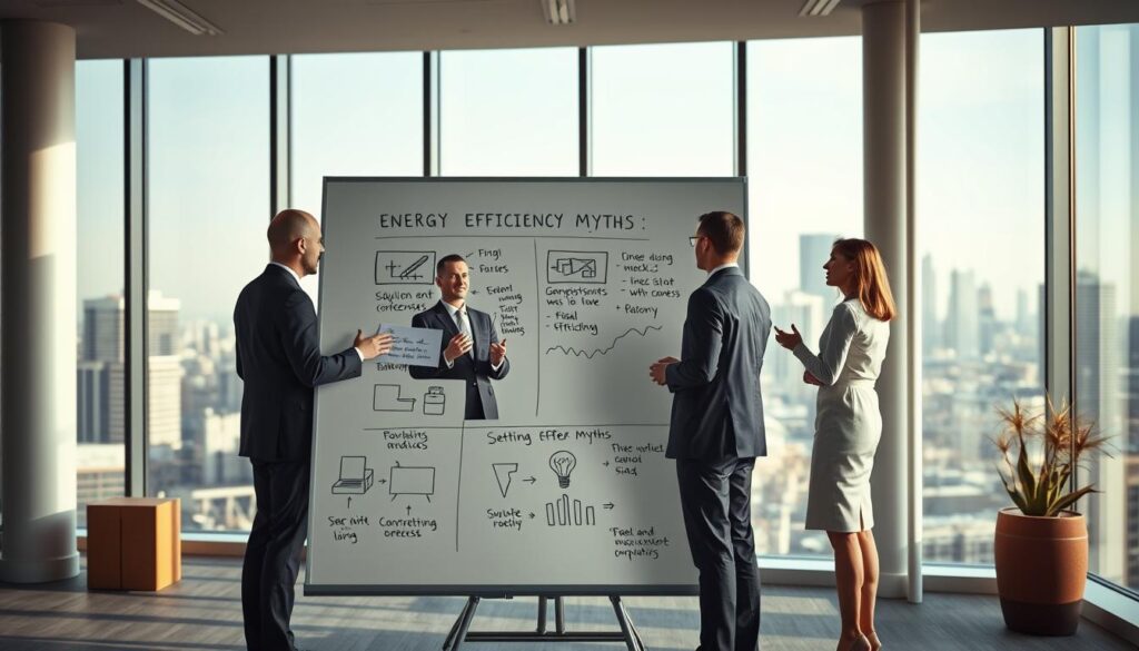A modern, airy office interior with a large whiteboard in the foreground. On the whiteboard, various energy efficiency myths are visually debunked through simple diagrams and infographics. In the middle ground, a group of professionals in business attire are engaged in a lively discussion, gesturing towards the whiteboard. The background features large windows overlooking a city skyline, bathed in soft, natural lighting. The overall scene conveys a sense of authority, education, and the demystification of common misconceptions about energy-efficient appliances.