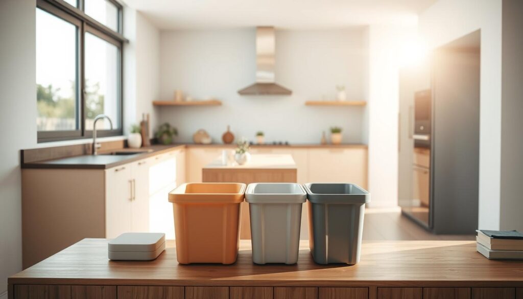 A modern and minimalist kitchen interior, well-lit by natural sunlight streaming through large windows. The foreground features a set of compact recycling bins in muted colors, neatly arranged on a wooden cabinet or counter. The bins are designed for easy sorting and storage of different recyclable materials like paper, plastic, and glass. The middle ground showcases a few small potted plants or other decor elements that complement the clean, eco-friendly aesthetic. The background depicts a sleek, uncluttered space with neutral-toned walls and floors, creating a serene and organized ambiance suitable for a home recycling station.