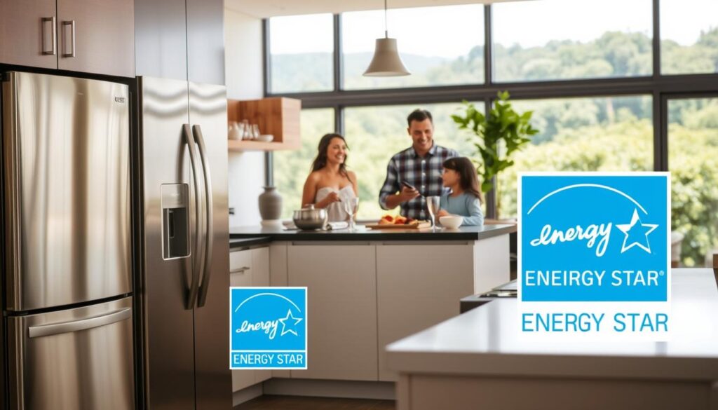 A modern, energy-efficient kitchen with stainless steel ENERGY STAR appliances positioned prominently in the foreground. The appliances, including a refrigerator, dishwasher, and oven, are gleaming and emitting a soft, warm glow. In the middle ground, a family gathered around the kitchen island, smiling and enjoying a meal together, highlighting the cost savings and environmental benefits of their ENERGY STAR choices. The background features an expansive window overlooking a lush, green landscape, capturing the essence of sustainability and a comfortable, energy-efficient home. The scene is illuminated by natural daylight, creating a bright, cheerful atmosphere.