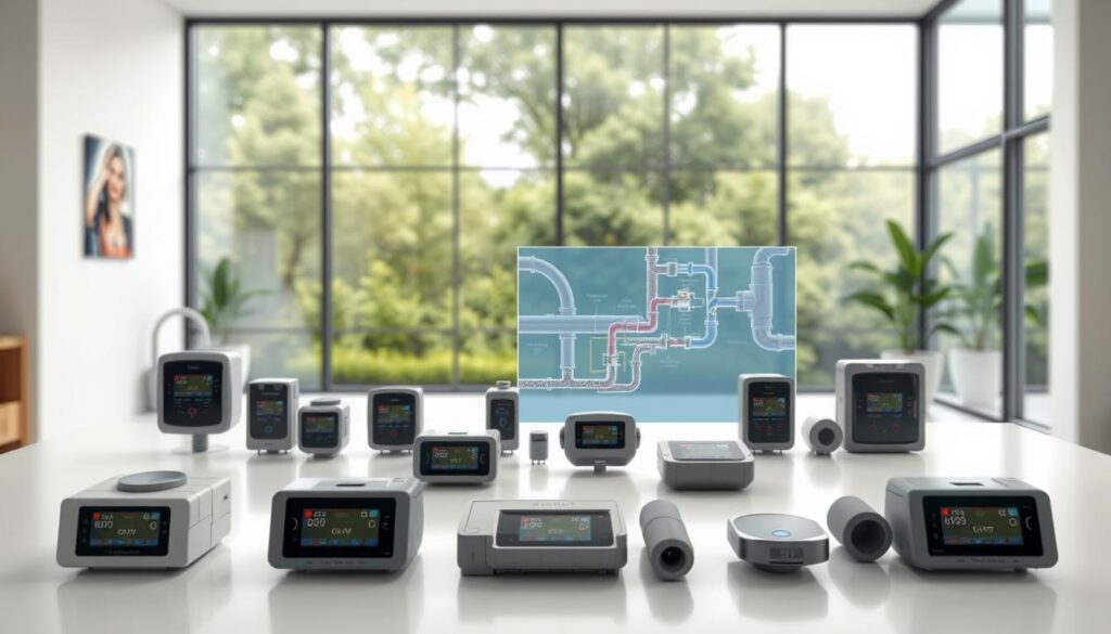 A modern, well-lit interior space showcasing an array of sophisticated water leak detection devices. In the foreground, an assortment of sleek, compact sensors and control units with digital displays, meticulously arranged on a clean, minimalist table surface. The middle ground features a detailed cutaway diagram highlighting the intricate plumbing system and the strategic placement of the leak detectors. In the background, a large window offers a view of a lush, verdant outdoor environment, emphasizing the harmony between advanced water conservation technology and a sustainable, eco-friendly living space. The lighting is soft and diffused, creating a sense of understated elegance and professionalism, underscoring the efficiency and reliability of these smart leak detection systems.