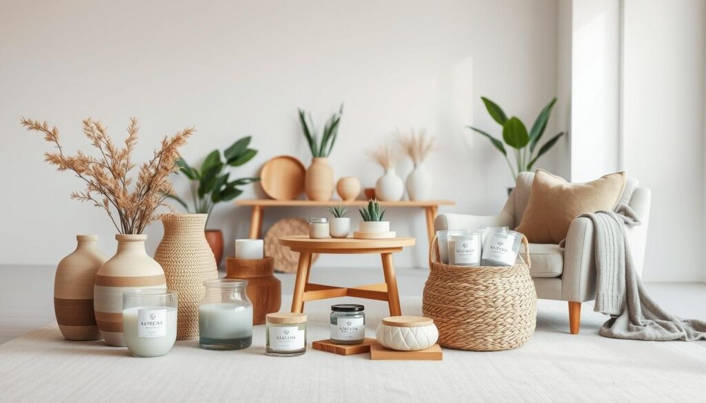 A serene and cohesive arrangement of trusted sustainable home decor brands showcased in a high-quality, realistic product photography style. In the foreground, an artfully curated display of sustainably sourced vases, candles, and woven baskets from leading eco-conscious labels. The middle ground features tastefully designed furniture pieces like a minimalist wooden side table and a plush, organic linen armchair. The background hints at a warm, natural-lit studio setting with clean white walls and carefully placed plants, evoking a sense of tranquility and environmental consciousness. The overall composition conveys a mood of understated elegance, reliability, and a commitment to responsible consumption.