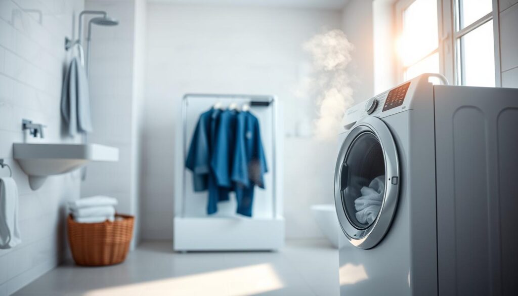 A serene, well-lit bathroom scene showcasing the benefits of cold water washing. In the foreground, a modern washing machine emits gentle steam, its door partially open, revealing freshly cleaned clothes. The middle ground features a clean, airy backdrop of white tiles and minimalist fixtures, conveying a sense of cleanliness and efficiency. In the background, a large window allows natural light to pour in, casting a soft, diffused glow and highlighting the natural, eco-friendly nature of cold water washing. The overall mood is calming, inviting, and subtly educational, emphasizing the importance of sustainable laundry practices.