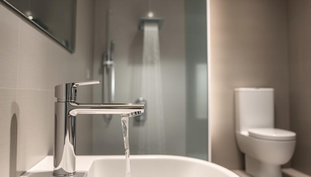 A sleek, modern bathroom interior with a minimalist design aesthetic. In the foreground, a low-flow faucet with a streamlined, chrome finish elegantly dispenses water, its flow precisely controlled to conserve usage. In the middle ground, a low-flow showerhead, its nozzle optimized for efficient water distribution, is mounted on the tiled wall. The background features a low-flow toilet with a modern, clean-lined silhouette, its tank discreetly tucked away. The lighting is soft and diffused, creating a serene, eco-conscious ambiance. The overall scene conveys a sense of environmental responsibility and thoughtful water conservation.