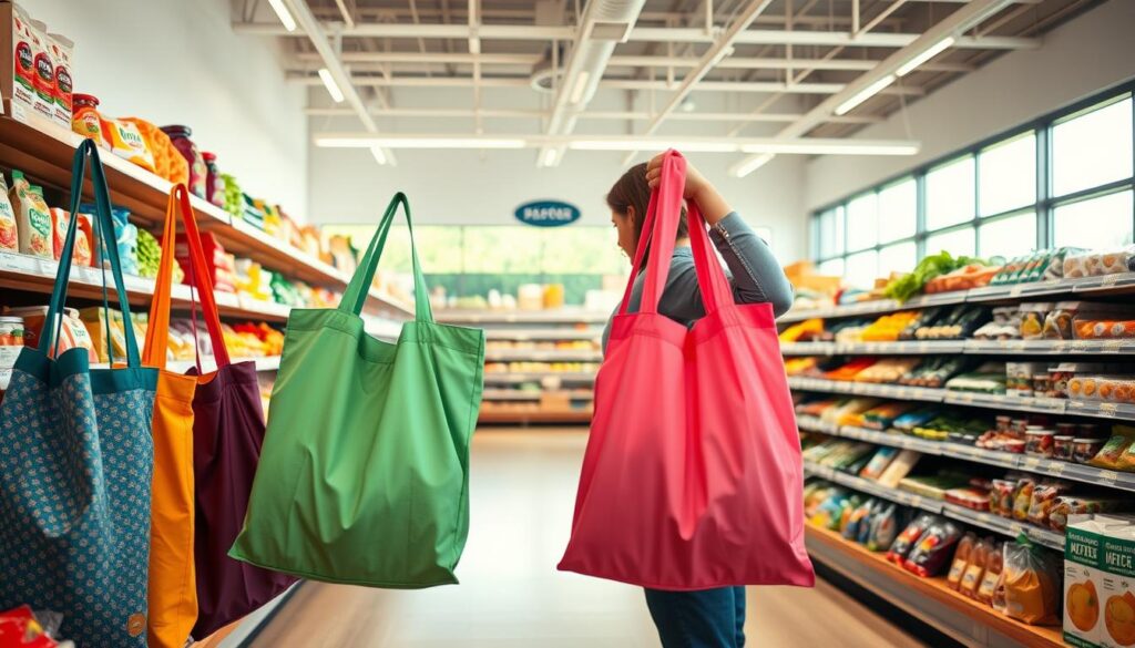 A spacious, well-lit grocery store aisle showcases an array of vibrant, reusable shopping bags. In the foreground, a person carefully selects a sturdy, eco-friendly tote, its fabric patterns and textures clearly visible. The middle ground features rows of shelves stocked with plastic-free, sustainable produce and packaged goods, their labels highlighting their environmental-friendly attributes. The background depicts the store's minimalist, modern decor, with natural lighting streaming in through large windows, creating a warm, inviting ambiance that promotes the store's commitment to sustainable living. The overall scene conveys a sense of calm, mindful shopping that aligns with the concept of a plastic-free, budget-friendly sustainable lifestyle.