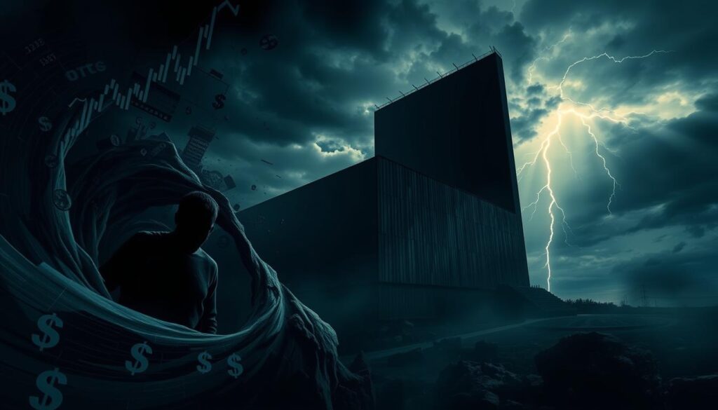 A tense, unsettling scene depicting the anxieties of a trade war. In the foreground, a shadowy figure representing economic uncertainty peers out from a swirling vortex of charts, graphs and dollar signs. In the middle ground, a towering wall of tariffs and trade barriers blocks the path forward, casting a long, ominous shadow. In the distant background, a stormy sky filled with dark clouds and ominous lightning symbolizes the turbulent global economic climate. The lighting is dramatic, with deep shadows and harsh highlights, creating an atmosphere of unease and tension. The composition is framed at a slightly low angle, adding to the sense of unease and vulnerability. Overall, the image conveys the palpable fear and anxiety surrounding the impacts of a prolonged trade war.