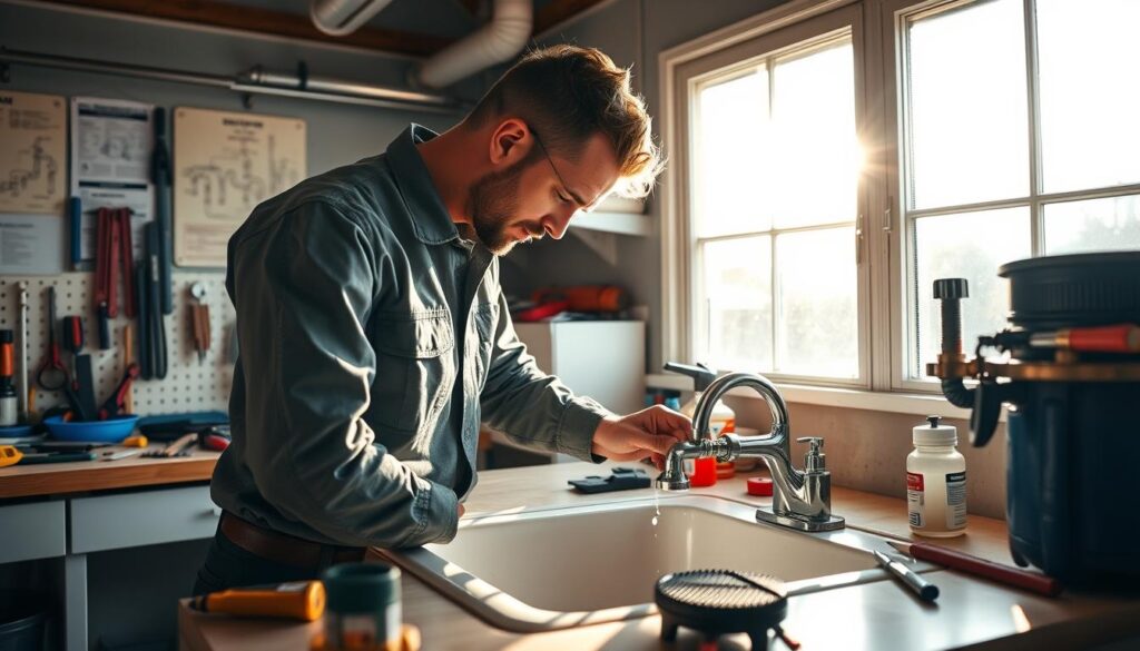 A well-equipped home plumbing workshop with various tools neatly organized on clean workbenches. Bright natural lighting streams in through large windows, casting a warm, inviting glow. On the walls, diagrams and instructions for common plumbing tasks. In the foreground, a technician in a professional uniform performs a thorough inspection of a sink's P-trap, scrutinizing for any potential issues. The atmosphere conveys a sense of proactive, environmentally-conscious maintenance aimed at conserving water and prolonging the lifespan of the home's plumbing system.