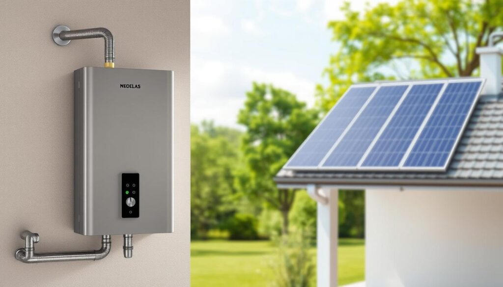 A well-lit, architectural rendering of an energy-efficient water heater system. The foreground features a sleek, modern tankless water heater mounted on a wall, with pipes and fittings visible. The middle ground showcases a solar thermal panel array on the roof, harnessing the sun's energy to heat the water. In the background, a lush, green landscape with trees and a clear sky create a serene, eco-friendly atmosphere. The lighting is soft and natural, highlighting the efficient design and sustainable technologies. The overall composition conveys a sense of environmental consciousness and innovative plumbing solutions for the home.