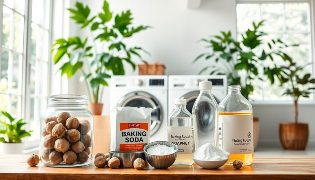 A well-lit, clean, and modern laundry room interior. In the foreground, several eco-friendly dry cleaning alternatives are prominently displayed, including a glass jar filled with soapnuts, a metal tin of baking soda, and a bottle of natural liquid detergent. In the middle ground, a sleek washing machine and dryer set sit side by side. The background features large windows letting in abundant natural light, with lush potted plants adding a touch of greenery. The overall atmosphere conveys a sense of sustainability, simplicity, and environmental consciousness.
