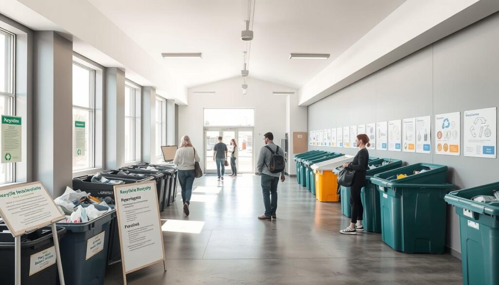 A well-lit, clean and organized recycling center with clear signage and labeled bins for various recyclable materials - paper, plastic, glass, metal, and electronic waste. The center has a minimalist, modern design with a neutral color palette of grays, whites, and blues. Bright natural light floods the space through large windows, creating a pleasant and inviting atmosphere. The floor is made of durable, easy-to-clean concrete, and the walls feature informative posters explaining the proper sorting and handling of recyclables. Customers move through the space with purpose, efficiently depositing their items in the designated bins. An informative directory at the entrance outlines the accepted materials and guidelines for the local recycling program.