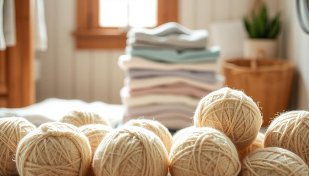 A well-lit, high-resolution photograph of a group of several natural wool dryer balls arranged in the foreground, showcasing their distinct textures and earthy tones. In the middle ground, a stack of freshly laundered clothes sits, suggesting the practical application of the wool balls. The background features a warm, inviting laundry room setting, with natural lighting streaming in through a window, casting a soft, cozy glow over the scene. The image conveys the benefits of using eco-friendly wool dryer balls, such as reduced energy usage, softer fabrics, and decreased reliance on harsh chemical-based dryer sheets.