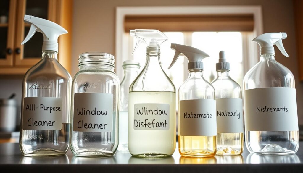 A well-lit kitchen counter displaying a collection of clear glass jars and bottles, each neatly labeled with the contents - homemade all-purpose cleaner, window cleaner, and natural disinfectant. The containers feature simple, minimalist designs with airtight lids, ensuring the longevity and freshness of the eco-friendly cleaning solutions. In the background, natural sunlight filters through a nearby window, casting a warm glow over the organized display. The overall atmosphere conveys a sense of order, practicality, and a commitment to a toxin-free, sustainable cleaning routine.