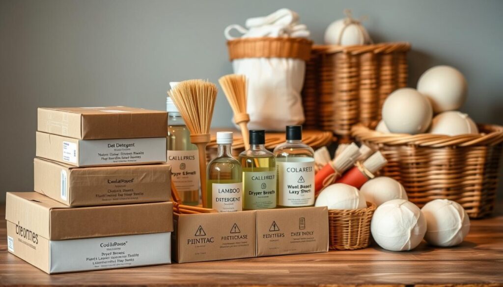 A well-lit, neatly arranged display of eco-friendly laundry products on a wooden surface. In the foreground, a stack of cardboard boxes containing natural detergents and fabric softeners. In the middle, glass bottles of plant-based cleaning solutions and bamboo laundry brushes. In the background, a row of wicker baskets filled with compostable dryer sheets and wool dryer balls. Soft, warm lighting illuminates the scene, highlighting the natural textures and earthy tones of the products. The overall atmosphere conveys a sense of simplicity, sustainability, and a commitment to a greener, more economical lifestyle.