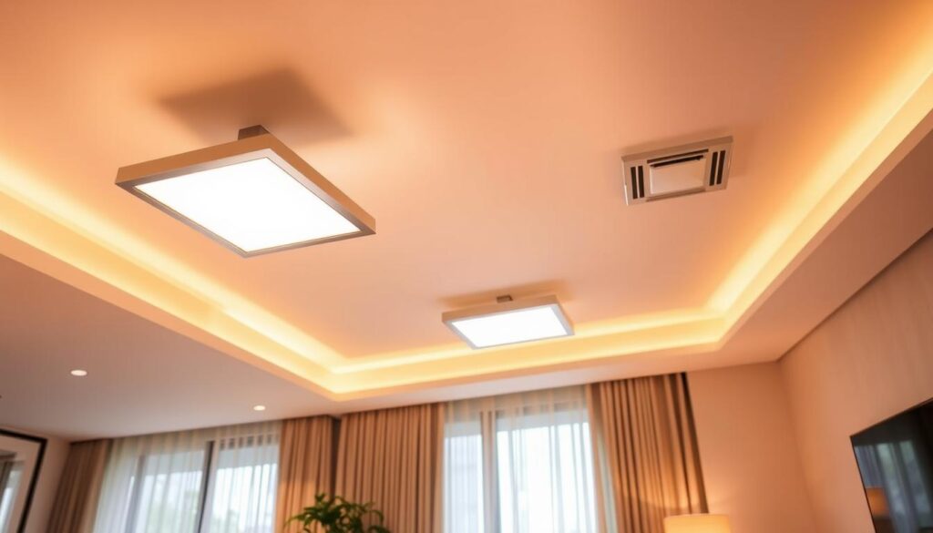 A well-lit room with energy-efficient LED light fixtures mounted on the ceiling, casting a warm, even glow across the space. Sleek, minimalist light fixtures in brushed metal or white frames blend seamlessly with the modern, neutral-toned decor. Soft shadows and highlights accentuate the clean lines and textures of the furniture and decor elements. The lighting creates a cozy, inviting atmosphere while maintaining a high level of illumination for practical tasks. Warm, diffused light filters through sheer curtains, adding to the overall sense of comfort and efficiency.