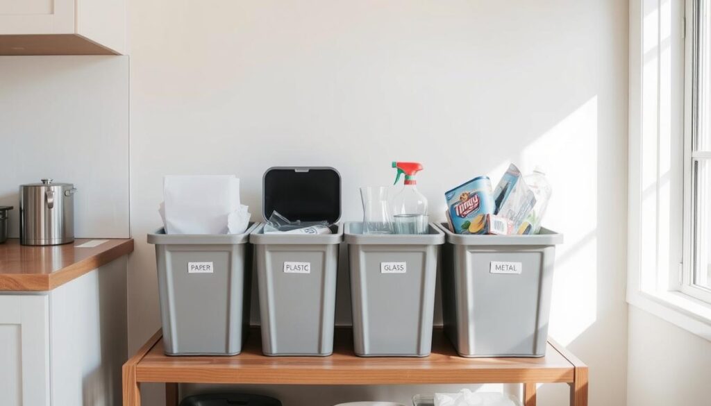 A well-organized home recycling station with separate bins for paper, plastic, glass, and metal items. The station is placed in a bright, well-lit kitchen corner with natural light streaming in through a nearby window. Sleek, minimalist metal or wooden bins in neutral tones like gray, black, or white are neatly arranged on a sturdy table or shelving unit. Subtle labels or icons on the bins clearly identify the recyclable materials. The overall setup appears clean, efficient, and integrated seamlessly into the kitchen's decor, encouraging mindful recycling habits.