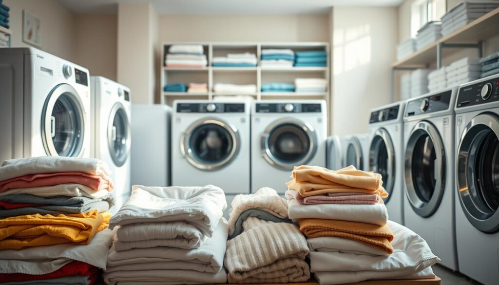 A well-organized laundry room with various-sized washing machines and dryers. The foreground features carefully sorted piles of clothing, towels, and bedding materials, each representing a different load size. The middle ground shows the machines in operation, their doors open to reveal the optimal load levels. Soft, natural lighting filters in from large windows, casting a warm, efficient atmosphere. In the background, shelves with neatly folded, color-coordinated linens and detergents suggest a thoughtfully designed storage system. The overall scene conveys a sense of organization, attention to detail, and environmental consciousness in the laundry process.