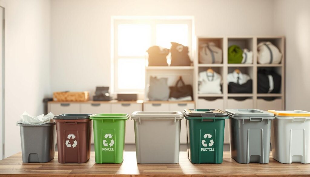 A well-organized room with a designated recycling station. In the foreground, various recycling bins and containers for different materials, such as paper, plastic, glass, and metal, neatly arranged on a wooden surface. In the middle ground, shelves or cabinets holding additional storage solutions, like bags for textiles and electronics. The background features a bright, natural-lit window, creating a warm and inviting atmosphere. The lighting is soft and diffused, highlighting the functionality and organization of the space. A clean, minimalist design with a focus on sustainability and eco-friendly practices.