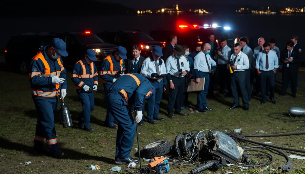 Forensic investigators in navy blue uniforms with reflective orange strips, meticulously examining the crash site. A team of officials in crisp white shirts and dark trousers, carefully documenting the scene with high-tech cameras and scanners. In the background, a fleet of black SUVs and emergency vehicles, their lights casting an ominous glow over the Hudson River. The mood is one of intense focus and solemn determination as they unravel the mystery of the helicopter's demise.