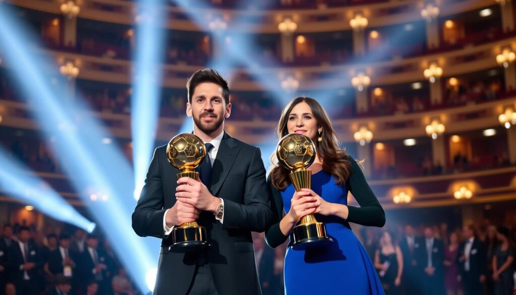 2023 Ballon d'Or gala with Messi and Bonmatí holding their trophies on stage 2023 Ballon d'Or gala with Messi and Bonmatí holding their trophies on stage