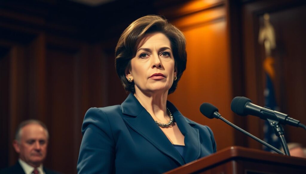 A confident, poised woman in a navy blue power suit stands at a podium, addressing a crowd. Her steely gaze and determined expression convey a sense of authority and pioneering spirit. Warm, directional lighting illuminates her features, casting dramatic shadows that accentuate her strong jawline. The background is a classic wood-paneled courtroom, hinting at her role as Westchester County's first female District Attorney. The scene has a timeless, historic quality, capturing a pivotal moment in Jeanine Pirro's trailblazing career.