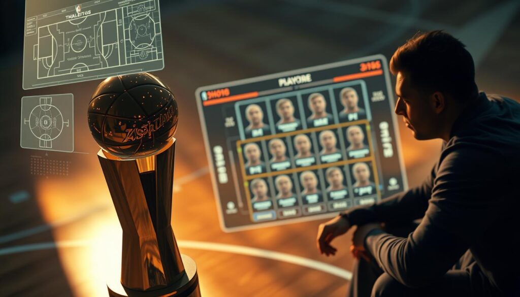 A high-angle, cinematic close-up shot of an NBA championship trophy with a dramatic, colored lighting setup that casts long shadows across the court. In the foreground, intricate tactical diagrams and statistical charts hover in mid-air, data points pulsing with insights. The middle ground features a holographic team roster, each player's profile rotating and detailed. In the background, a shadowy figure sits contemplatively, deep in thought as they analyze the data, seeking the unexpected edge that could swing the outcome of the playoffs.