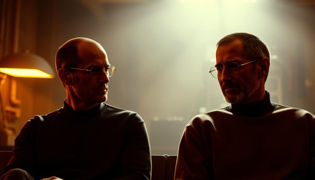 A high-contrast, cinematic portrait of Jony Ive and Steve Jobs in a mid-20th century style, captured in a pensive moment of deep collaboration. The two tech visionaries sit side by side, their faces illuminated by a single warm light source, casting dramatic shadows that convey the intensity of their partnership. The background is a hazy, atmospheric studio setting with subtle industrial details, suggesting the creative crucible where their iconic designs were forged. The composition is tightly framed, emphasizing the profound connection and creative synergy between these two pioneers who transformed the landscape of consumer technology.