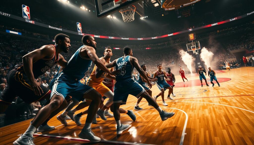 A high-stakes clash of Western Conference titans unfolds on a hardwood court, bathed in dramatic NBA playoff lighting. In the foreground, superstar players jockey for position, their faces etched with fierce determination as they vie for a path to the championship. The middle ground captures the intensity of the matchup, with players driving to the hoop and battling for rebounds amidst a blur of motion. In the background, the arena's towering architecture creates a grand, imposing backdrop, hinting at the magnitude of the moment. An atmosphere of high-octane energy and electric anticipation permeates the scene, as fans on the edge of their seats await the outcome of this pivotal playoff showdown.