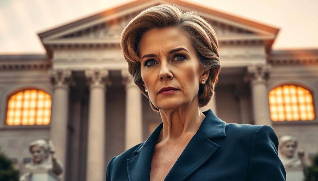 A majestic and commanding figure stands in the foreground, dressed in a crisp, navy blue power suit, radiating an aura of authority and determination. Her piercing gaze, framed by a sharp, angular face, conveys a sense of unwavering resolve. In the middle ground, the backdrop depicts a grand, marble-clad courthouse, symbolizing the legal realm from which she has risen. Beams of warm, golden light filter through the ornate windows, casting a soft, aspirational glow over the scene. The overall atmosphere exudes a sense of ambition, political gravitas, and a hint of the uncompromising nature that has defined her career.