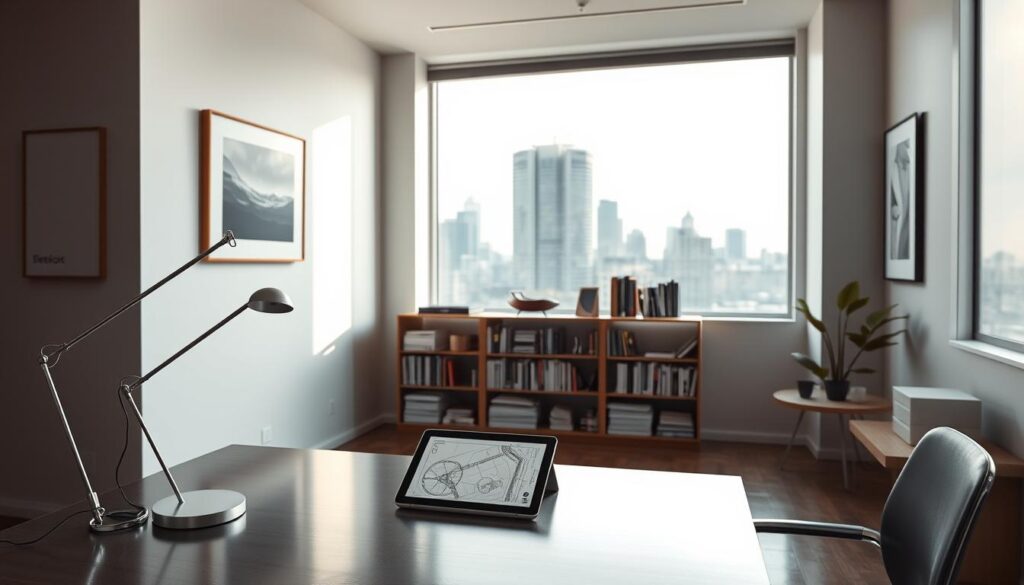 A serene, minimalist workspace with clean lines and a focus on functional design. In the foreground, a sleek, brushed metal desk with a single, elegant lamp and a tablet displaying intricate schematics. Behind it, a large window overlooks a cityscape, bathed in soft, natural light. The walls are adorned with simple, modern art pieces that complement the overall aesthetic. In the middle ground, a meticulously organized bookshelf showcases design volumes and technical references. The atmosphere is one of calm, contemplative focus, reflecting the designer's dedication to the principles of form and function.