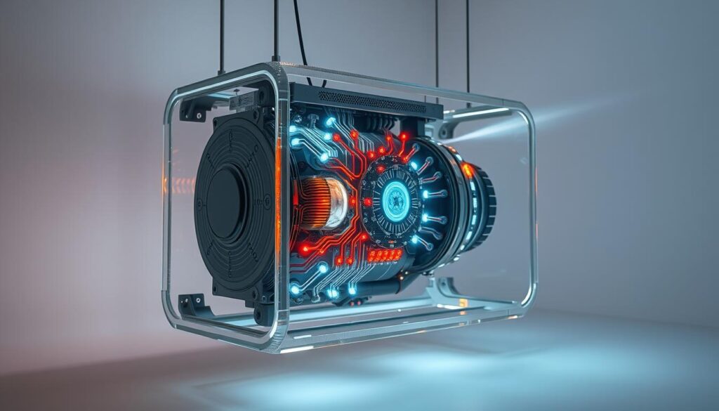 A sleek, metallic neural engine housing, its surface etched with intricate circuitry and glowing, pulsing lights. Nestled within a transparent casing, the engine appears to hum with a steady, almost sentient energy. Beams of light emanate from its core, illuminating the surrounding environment with a soft, ethereal glow. The engine is suspended in a minimalist, high-tech setting, with a clean, futuristic aesthetic. Soft shadows and highlights accentuate the engine's form, creating a sense of depth and dimension. The atmosphere is one of innovation, precision, and the boundless potential of advanced AI technology.
